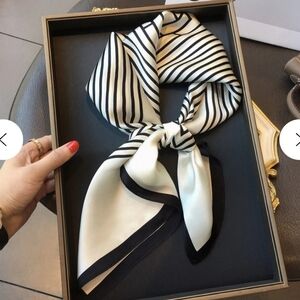 Cream & Black Geometric Print Scarf – Minimalist Square Satin Wrap